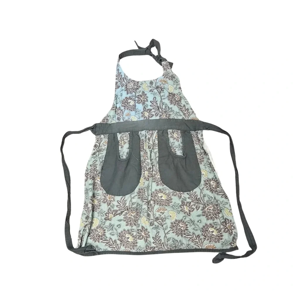 Milli Home Marsha Cutler Floral‎ Cotton Apron Teal Green Pockets 100% Cotton